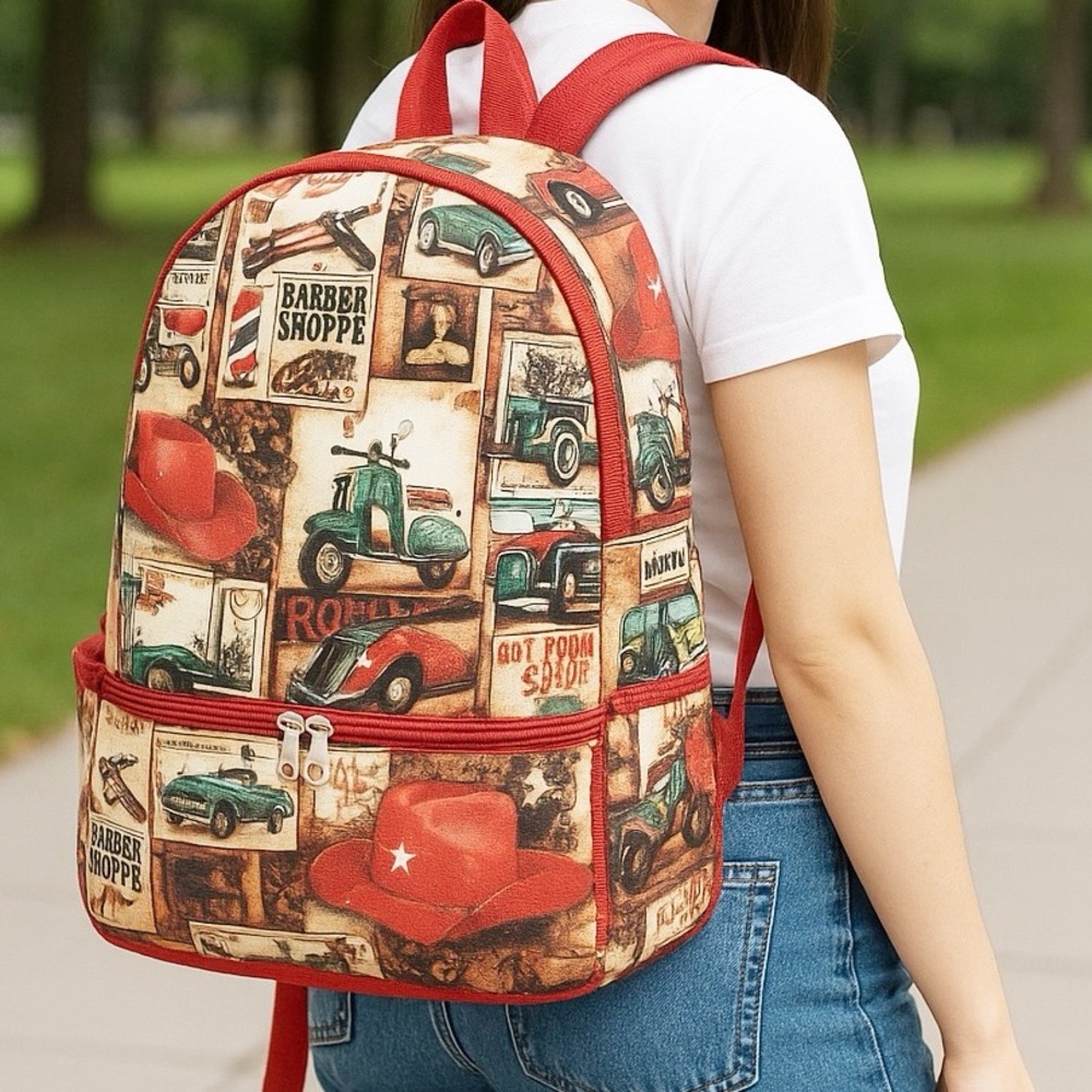 Desi Pop Retro Print Backpack Red Straps Vintage Cars Scooter Cowboy Hat Collage